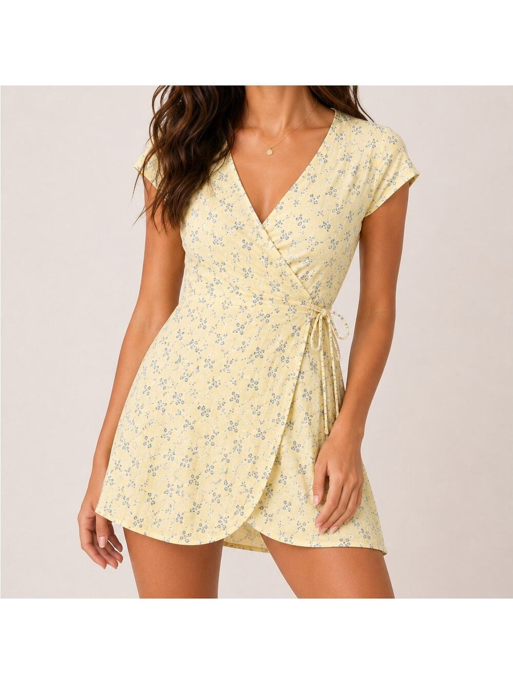 Hollister Pastel Yellow Floral Short Sleeve Wrap Mini Dress - Picture 1 of 2